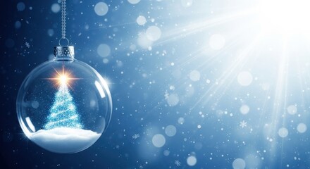 Clear glass Christmas ornament containing a sparkling blue tree and snow, set against a dark blue winter background with copy space.