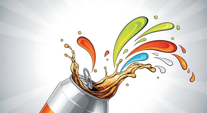 Energetic Beverage Explosion Illustration with Colorful Liquid Splashing from a Can