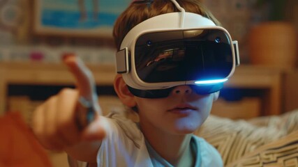 A young boy wearing a VR headset, pointing towards the screen with excitement on his face. - Powered by Adobe