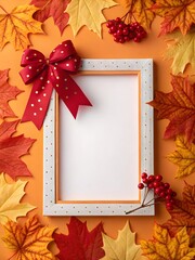 Autumn frame with red bow and maple leaves on orange background, season concept