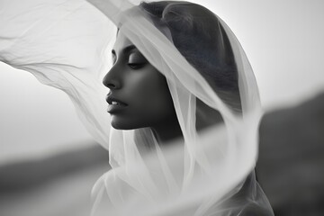 Woman in veil looks serene in a black and white art photograph in a minimalist style