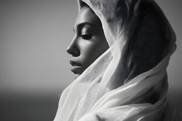 Black and white portrait of woman with translucent white fabric draped on head