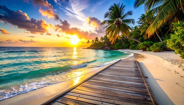 Tropical beach scene with wooden pathway, palm trees, and a vibrant sunset over turquoise water