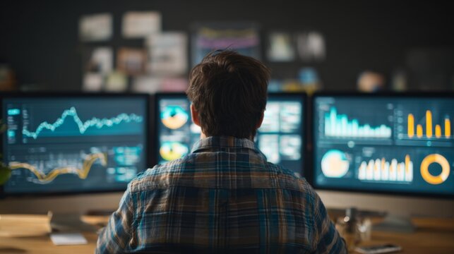 Professional analyst observing multiple data visualizations on screens in a modern office environment with rich graphical displays - Powered by Adobe