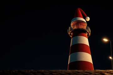Lighthouse Wearing Christmas Hat Against Night Sky