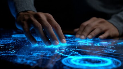 Futuristic Technology Interaction with Digital Map and Blue Light Elements for Modern Interfaces and User Experience