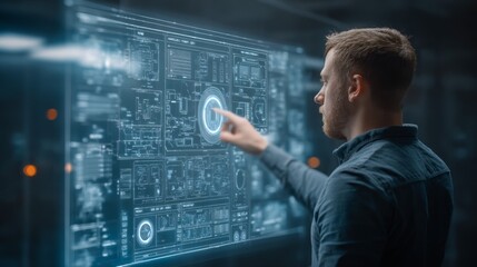 Young man interacting with futuristic touchscreen technology displaying complex data and analytics in modern workspace environment