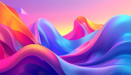 A vibrant digital illustration showcases fluid, flowing forms in shades of pink, blue, orange, and purple, evoking a dynamic, ethereal quality