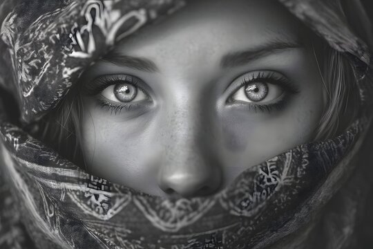 Close up of a woman's face with a patterned scarf covering her head and mouth
