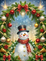 Festive snowman with christmas wreath and decorations for holiday season