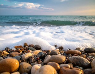 Close-up of colorful pebbles and ocean foam with the sea in the back