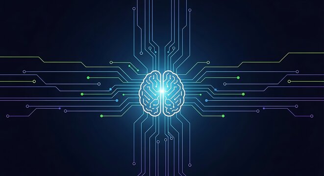 Glowing brain surrounded by circuit lines on a dark blue background in a digital illustration