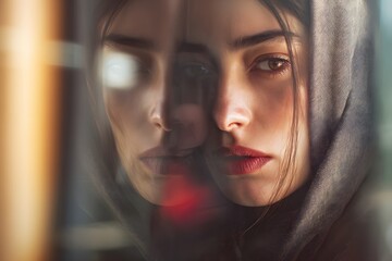 Introspective portrait of a young woman with a reflective and enigmatic expression