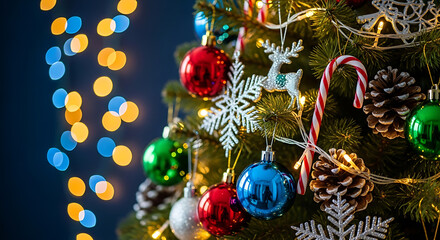 Vibrant Holiday Pine Tree Against a Soft Blue Curtain
