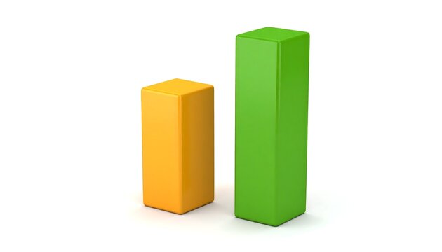 Two upright, colored blocks. One yellow and shorter, the other taller and green, standing on a white surface