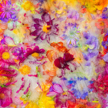 abstract floral background with zinnia, cosmos and dahlia flowers in bright summer colors