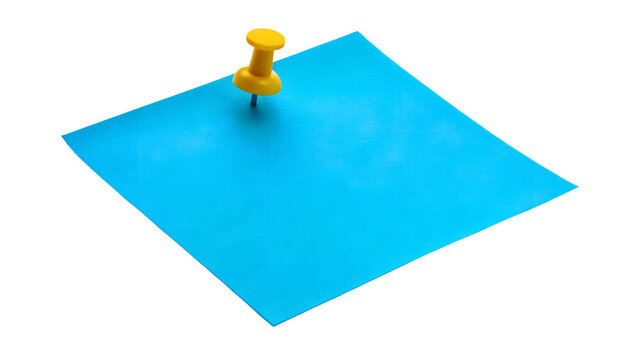 bright blue sticky note paper with yellow push pin isolated on white or transparent png
