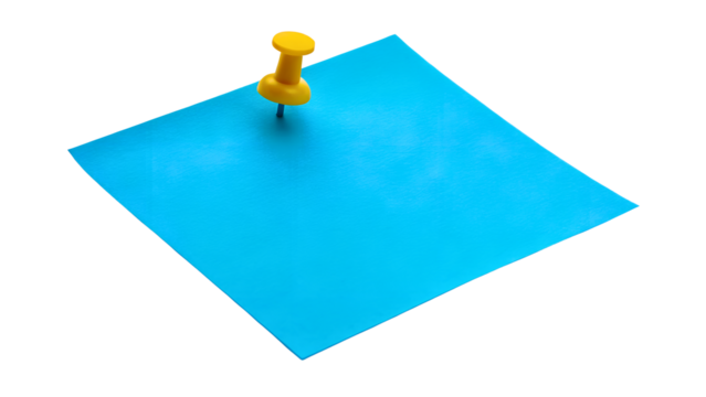 bright blue sticky note paper with yellow push pin isolated on white or transparent png