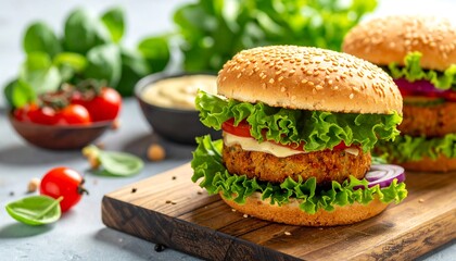 Two veggie burgers on wooden board with lettuce, tomatoes, red onion, creamy sauce, and greens in background
