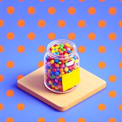 A glass jar overflowing with colorful candy rests on a wooden block against a vibrant blue background with orange polka dots, creating a fun 3D graphic