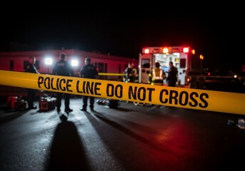 Police respond to a scene cordoned off with caution tape at night with emergency vehicles nearby