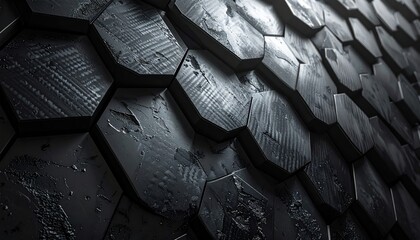 Close-up of dark grey, hexagonal pattern, textured with shadows