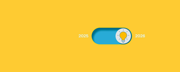 Creative idea concept 2026 innovation switch between years 2025 and 2026, symbolizing new beginnings, inspiration, and future growth in technology and business design transition background
