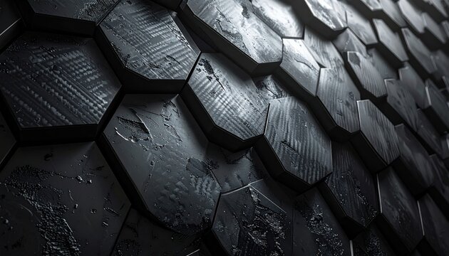 Close-up of dark grey, hexagonal pattern, textured with shadows