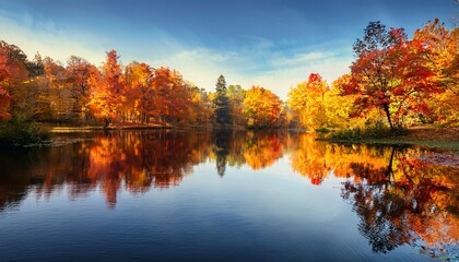 Obraz premium Vivid Autumn Landscape Tranquil Water Reflecting Colorful Foliage And Trees Scenic
