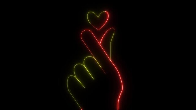 Neon Double color Finger Heart Gesture, Glowing hand gesture with heart on black background representing love and affection in digital art.
