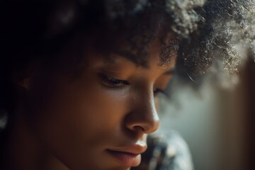 Dreamy portrait of a young woman with curly hair in soft light