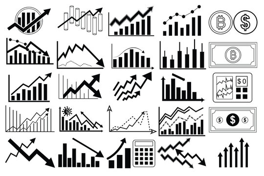 Business finance chart icons set with stock market growth, bar graph, crypto money and economy analytics symbols Set collection
