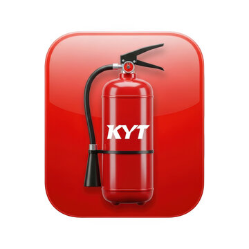 Red Fire Extinguisher Icon with KYT Logo on Glossy Red Rounded Square Background safety emergency