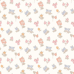 Hand drawn flower pattern, floral seamless pattern, cottagecore ditsy tile print, sweet flower print on light  background. Small flower style, pastel color, design for fashion, texture, fabric