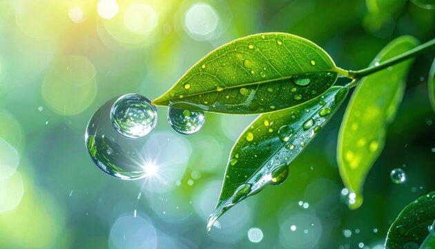 Close-up of dewdrops clinging to vibrant green leaves