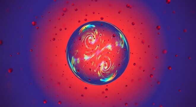 Abstract colorful sphere with swirling patterns and floating particles on vibrant background