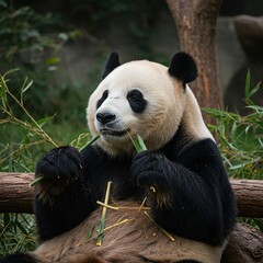 Fototapeta premium A majestic giant panda peacefully enjoys its bamboo meal in a lush natural habitat, showcasing its iconic black and white fur ,black and white ,conservation ,eating