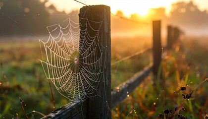 Close-up of dewy spiderweb on a wooden fence at sunrise