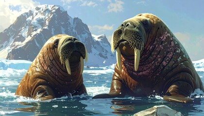 Two Walruses Swimming Arctic Waters