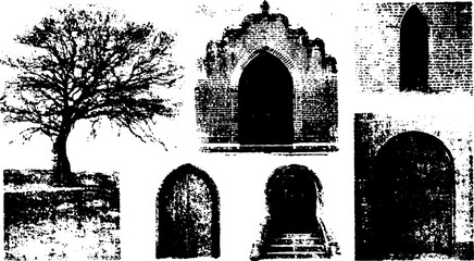 Tree silhouette and various arch door designs in a vintage style. Black and white vector illustration featuring architectural elements as a set.