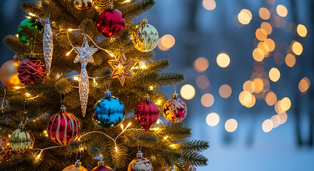 Festive Holiday Background: Decorated Pine Tree and Bokeh