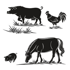 Farm animals including a pig rooster and horse in a grassy field