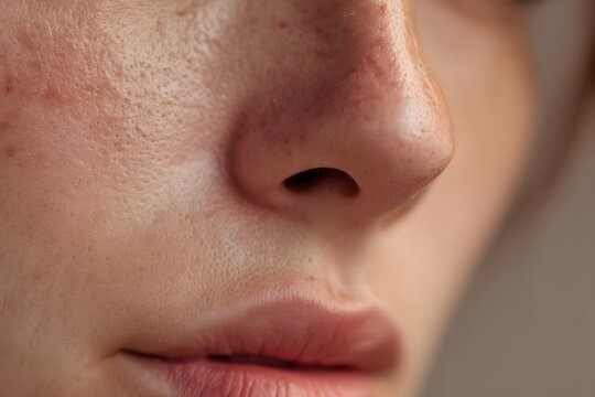 Close up of a person's face showing skin texture and details around the nose and mouth