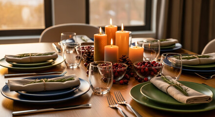 Festive dinner table centerpiece with glowing beeswax candles and reusable plates. Festive dinner table decor creates heartwarming ambiance and sets mood for memorable meal.