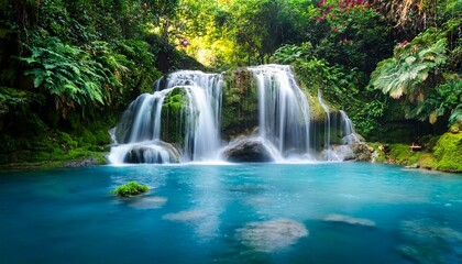 Fototapeta premium Serene Turquoise Waterfall Cascades Down Moss Covered Rocks Surrounded By Lush Greenery And Exotic Flowers In A Misty Vibrant Tropical Forest Paradise