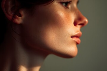 Elegant close-up of a woman's profile in warm light against a grey background