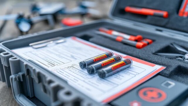 Closeup comprehensive drone repair kit featuring batteries, tools, documentation, ideal for enthusiasts, professionals. Organized layout ensures efficient drone maintenance, troubleshooting