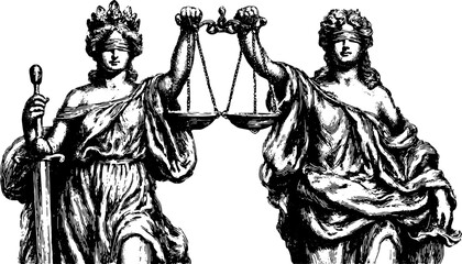 Justice lady holding scales in a vintage illustration. This classic representation of law is featured in a monochrome vector format as part of a set.
