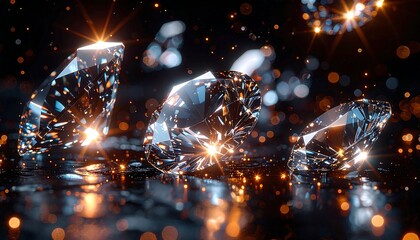 Three sparkling diamonds rest on a reflective surface, surrounded by bokeh and glitter against a dark backdrop