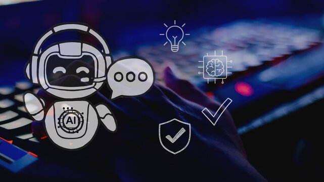 Chat Bot Chat with AI or Artificial Intelligence technology. Woman using the computer chatting with an intelligent artificial intelligence background